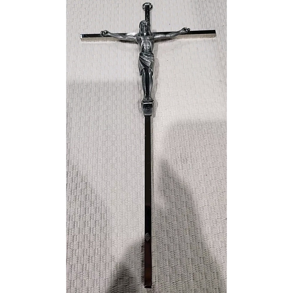 Vintage Silver Tone Metal Wall Crucifix INRI Detailed Corpus 9.75 Inch Cross